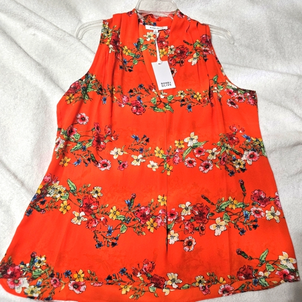 Rose & Olive orange floral sleeveless blouse large new with tags